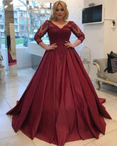 Ball Gown Dark Red Satin Wedding Dresses with Lace Appliques